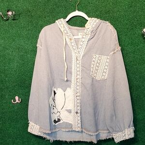Blue Hooded Jacket with Lace Details